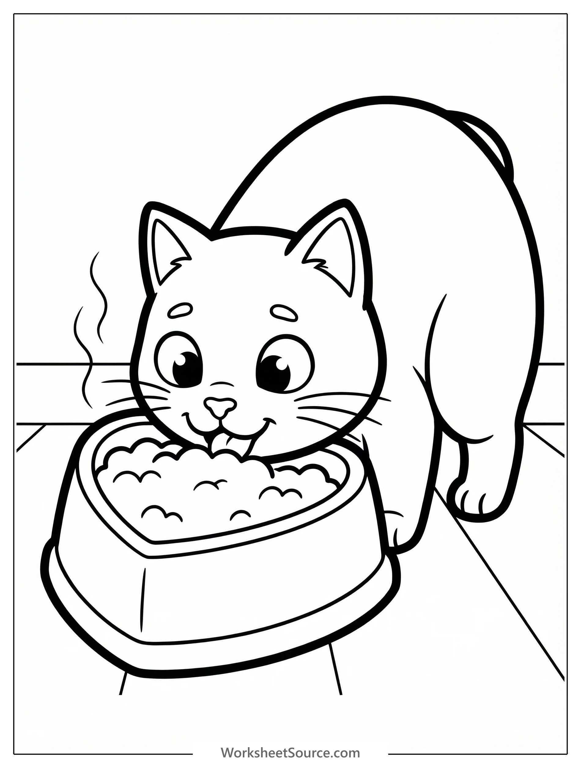 A cute cartoon cat with a gentle expression is happily eating kibble from a heart shaped food bowl. The bowl features a decorative Valentine's Day pattern. A fun, inviting coloring page.