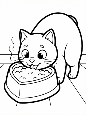 A cute cartoon cat with a gentle expression is happily eating kibble from a heart shaped food bowl. The bowl features a decorative Valentine's Day pattern. A fun, inviting coloring page.