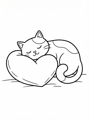 A cute cartoon cat peacefully sleeping, resting its head on a plump, soft heart shaped pillow. Ideal for Valentine's Day celebrations and cozy art.