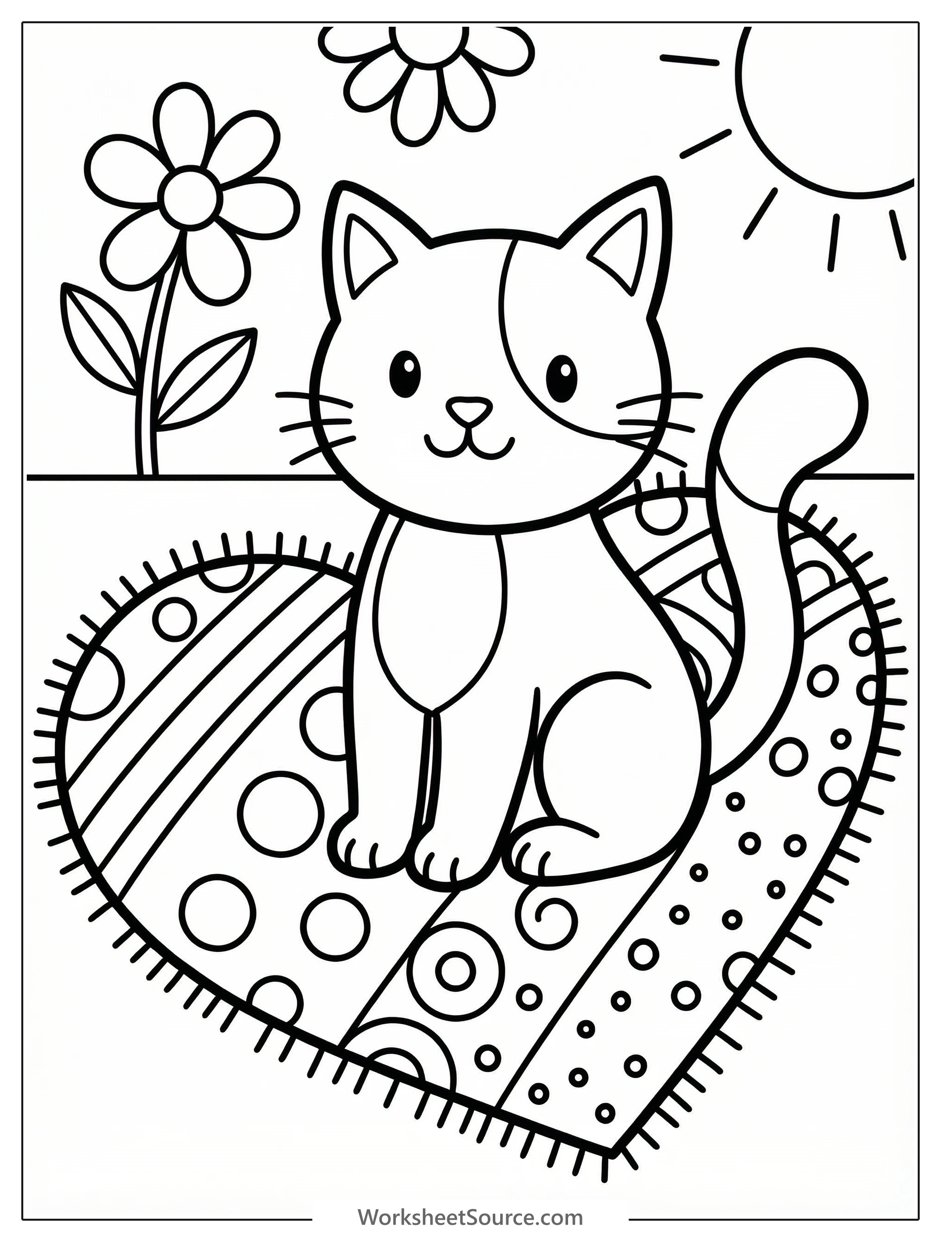 A cute cat with a sweet expression sits comfortably on a heart shaped rug featuring various simple patterns, ready for coloring. Valentine's Day theme.