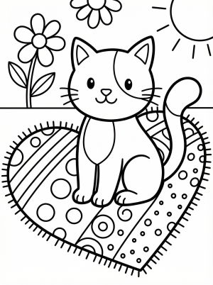 A cute cat with a sweet expression sits comfortably on a heart shaped rug featuring various simple patterns, ready for coloring. Valentine's Day theme.