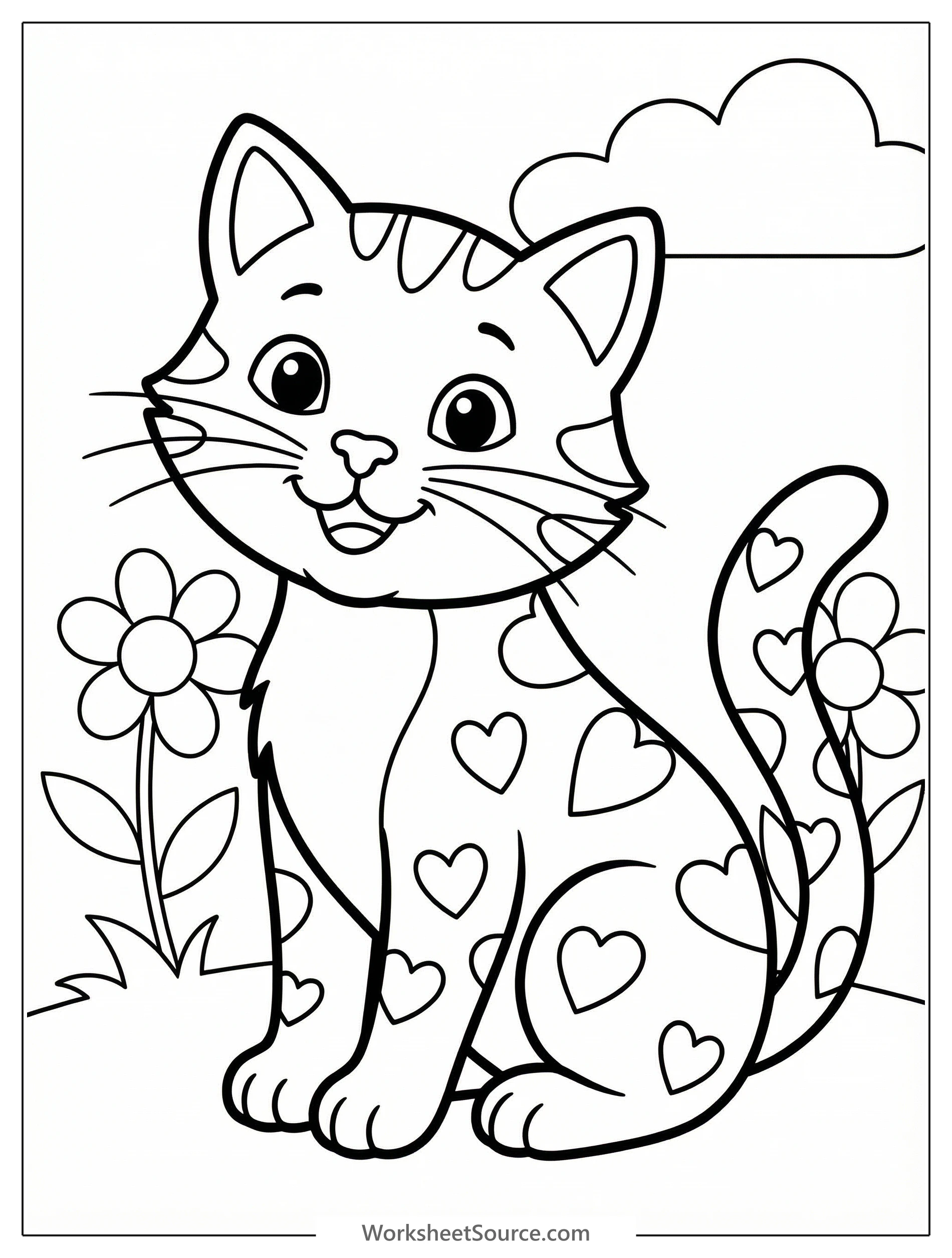 An adorable cartoon cat sitting gracefully, covered in numerous heart shaped spots, ideal for coloring. Its tail curls gently, and it has a sweet expression.