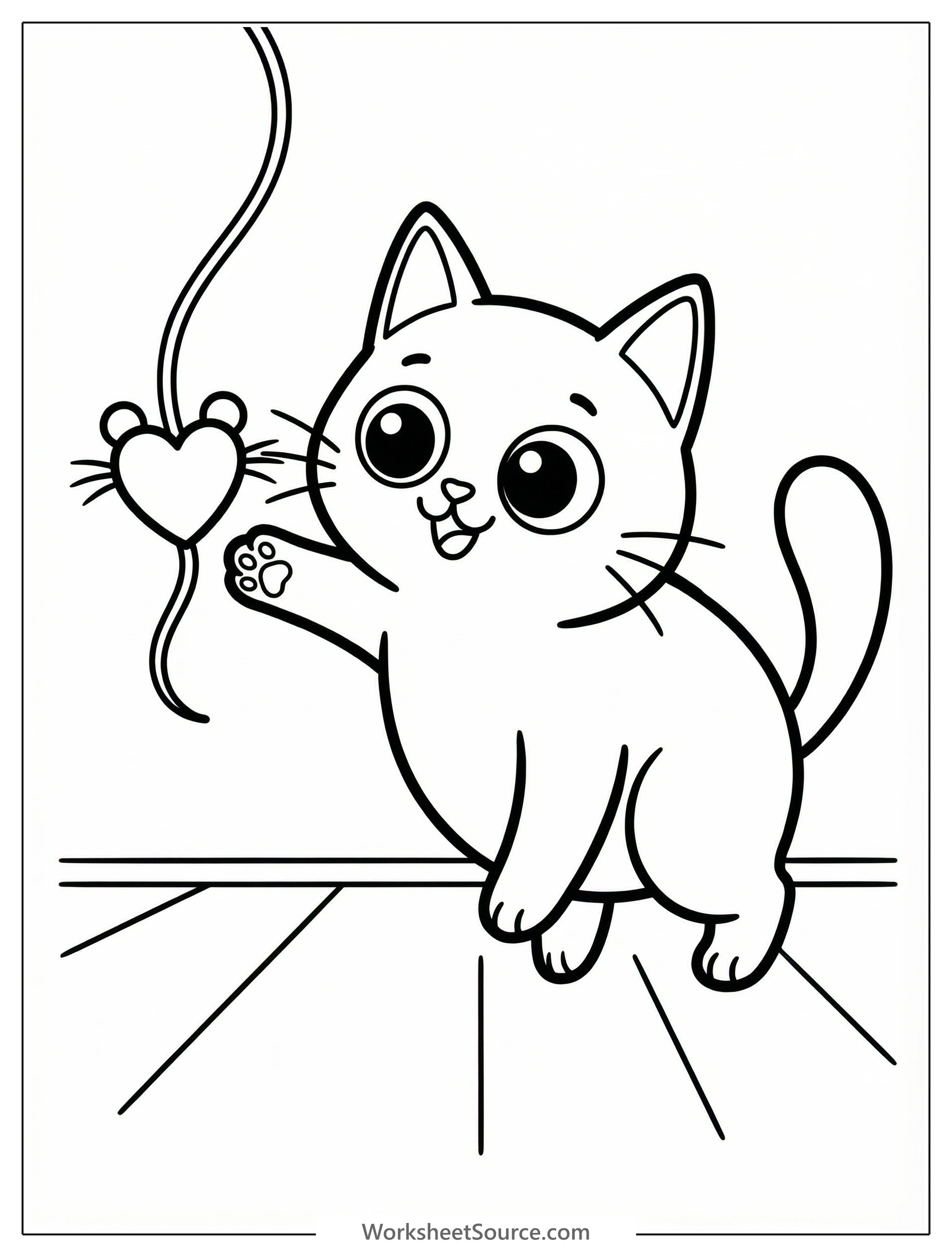 A playful cartoon cat with a bow is joyfully batting at a heart shaped mouse toy suspended from a string, ready for Valentine's Day coloring.