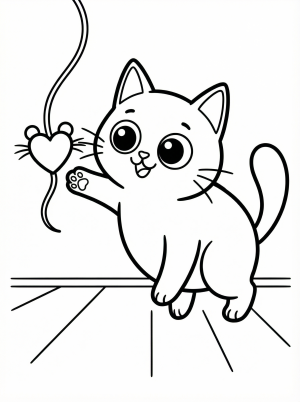 A playful cartoon cat with a bow is joyfully batting at a heart shaped mouse toy suspended from a string, ready for Valentine's Day coloring.