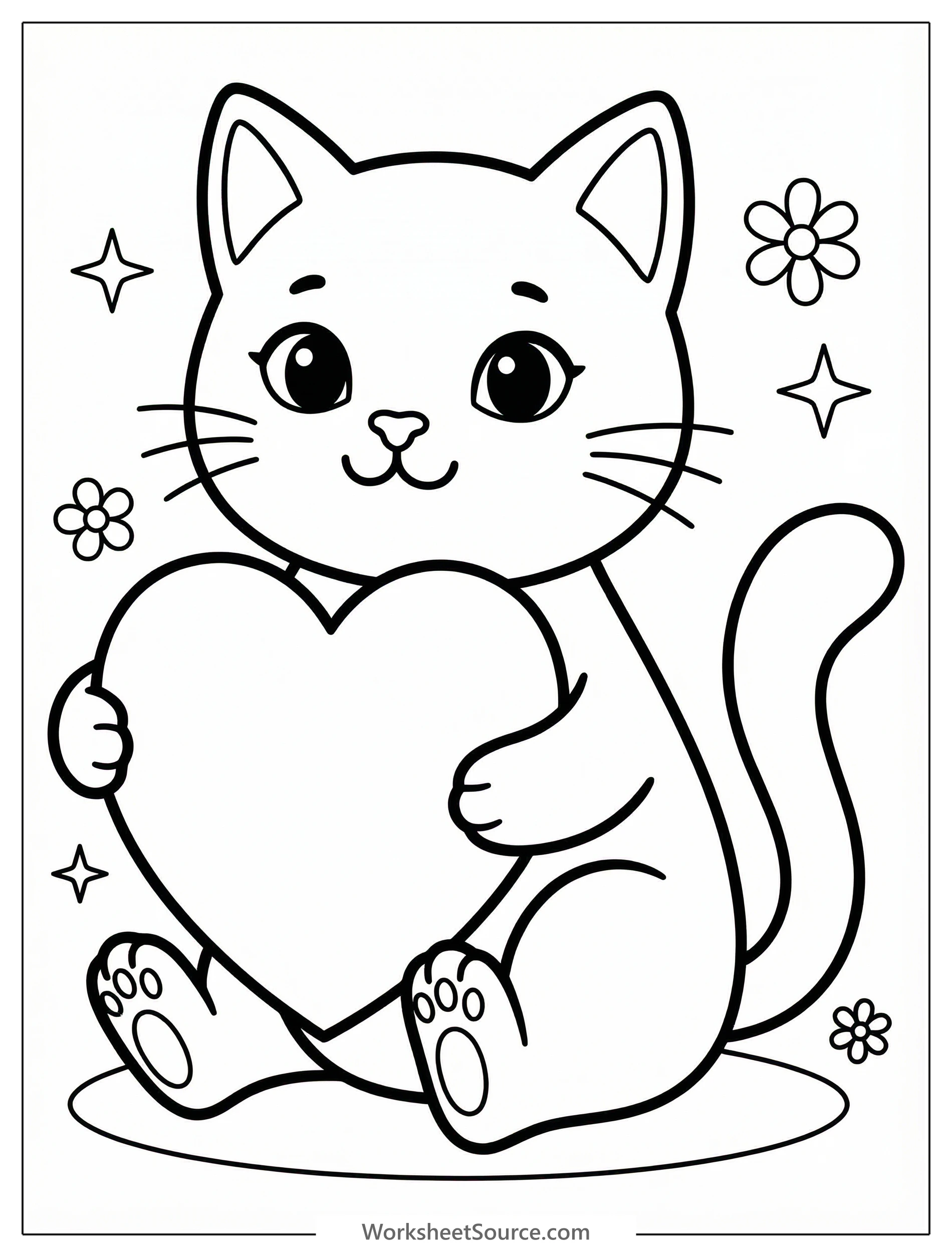 A sweet cartoon cat sitting upright, holding a large, perfectly symmetrical heart. The cat has a friendly expression and simple outline for easy coloring. The heart is blank, ready for artistic design