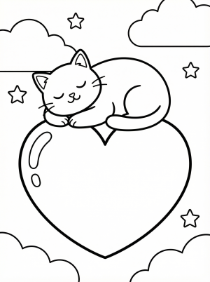 A cute cartoon cat is curled up, fast asleep, on a large heart decorated with smaller hearts. Ideal for Valentine's Day coloring activities.