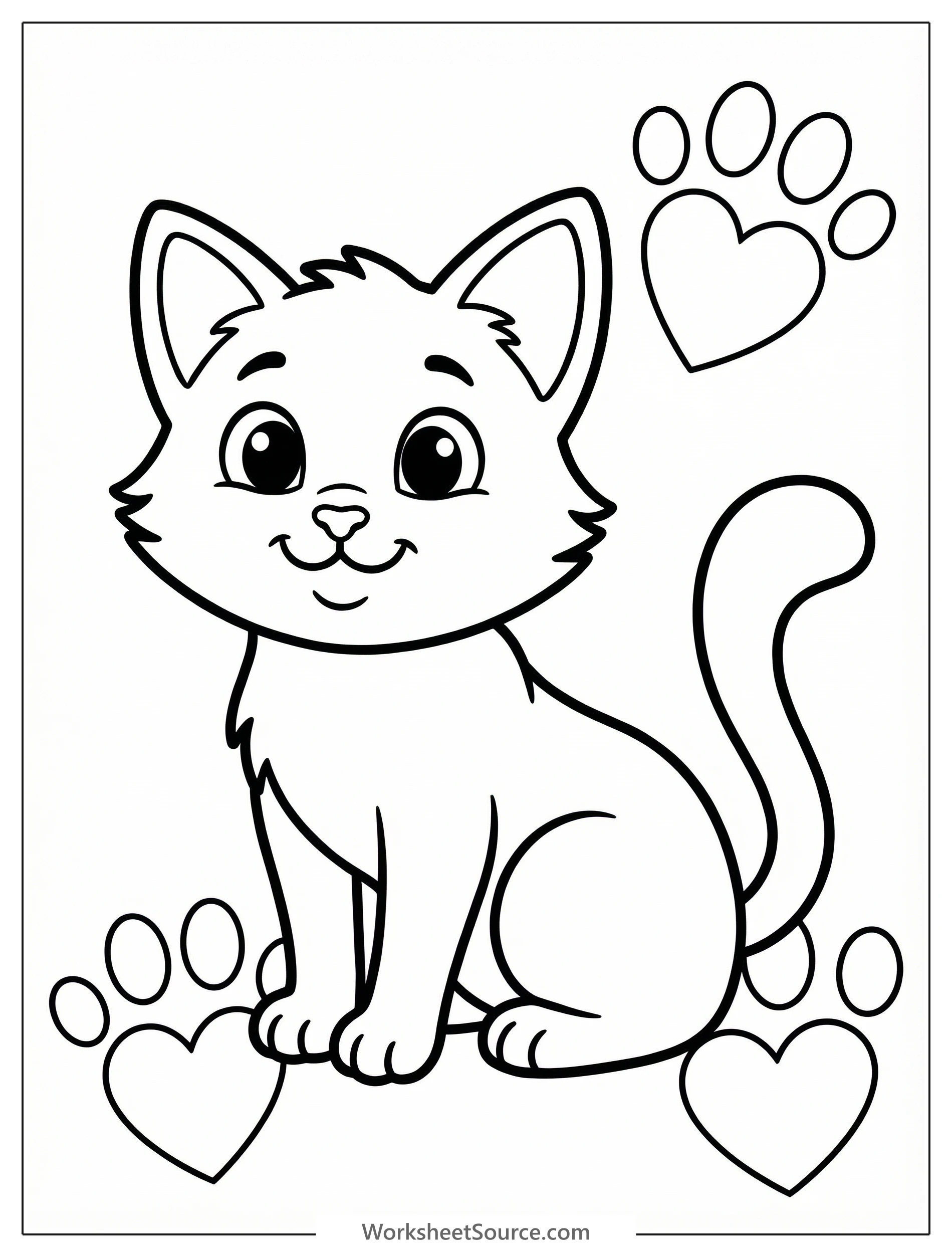 A cute cartoon cat sits facing forward with a contented expression. Numerous heart shaped paw prints are scattered playfully around the cat, ready for coloring.