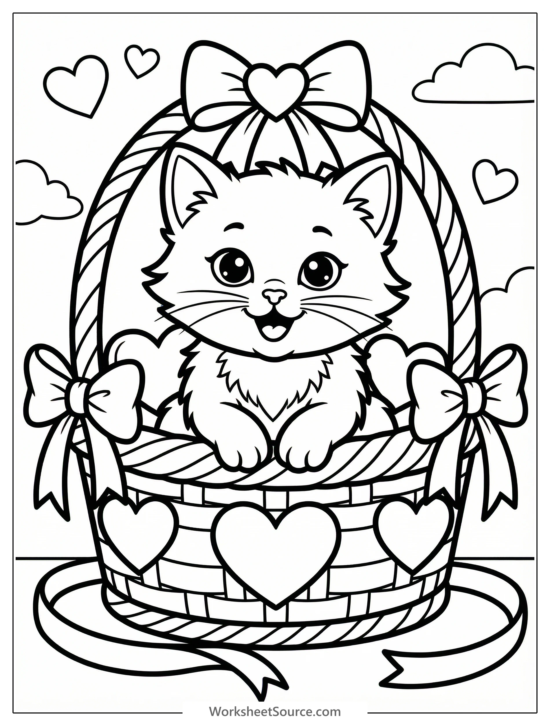 A fluffy kitten sits nestled inside a heart decorated Valentine's Day basket, looking cozy and adorable. The basket features ribbons and small hearts.