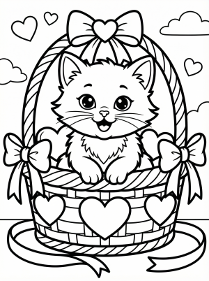 A fluffy kitten sits nestled inside a heart decorated Valentine's Day basket, looking cozy and adorable. The basket features ribbons and small hearts.