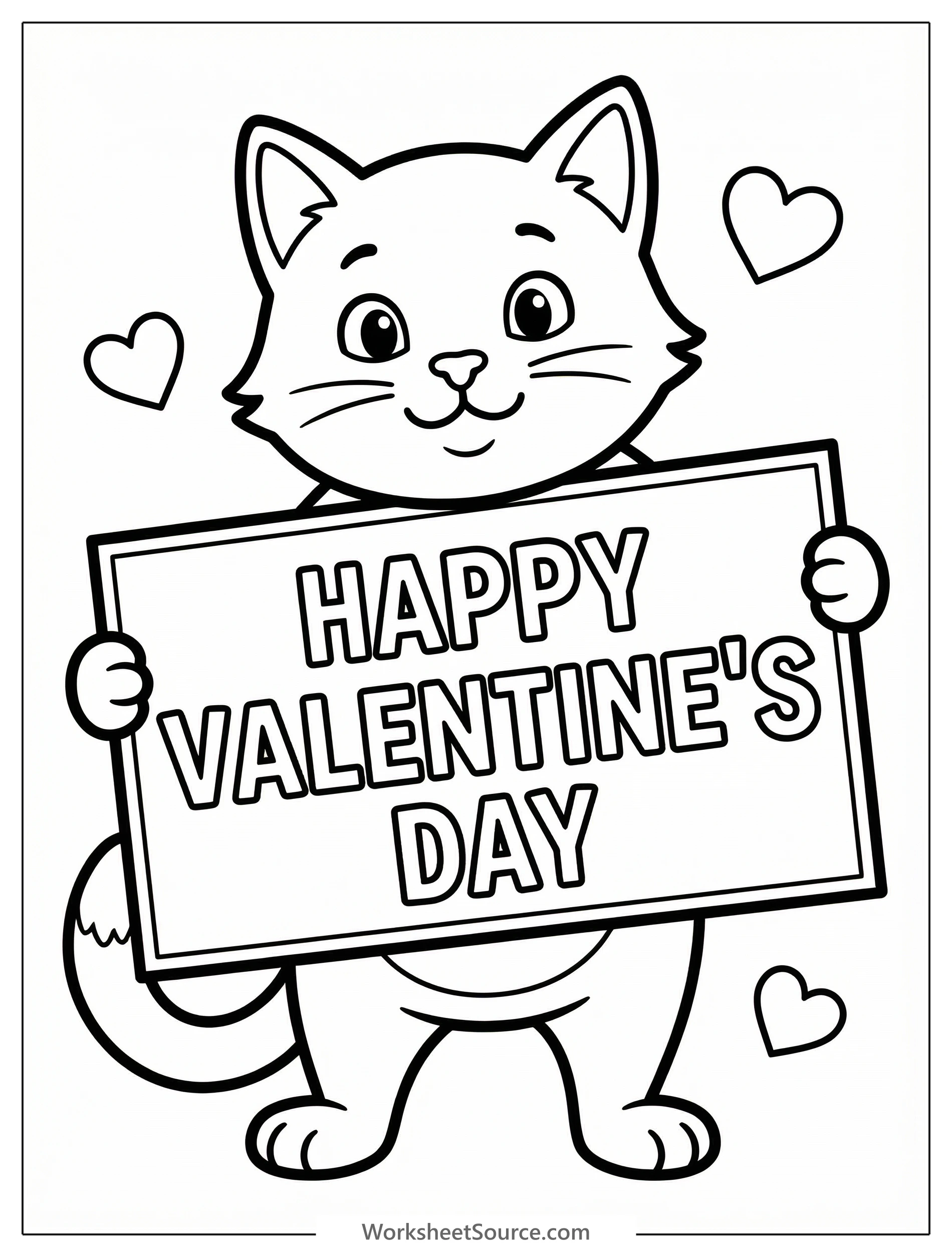 Cute cartoon cat standing and holding a blank sign that says 'Happy Valentine's Day' with a small heart. Simple black and white line art for coloring.