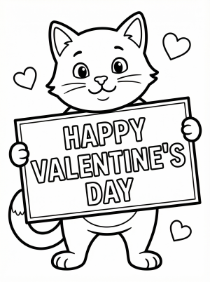 Cute cartoon cat standing and holding a blank sign that says 'Happy Valentine's Day' with a small heart. Simple black and white line art for coloring.