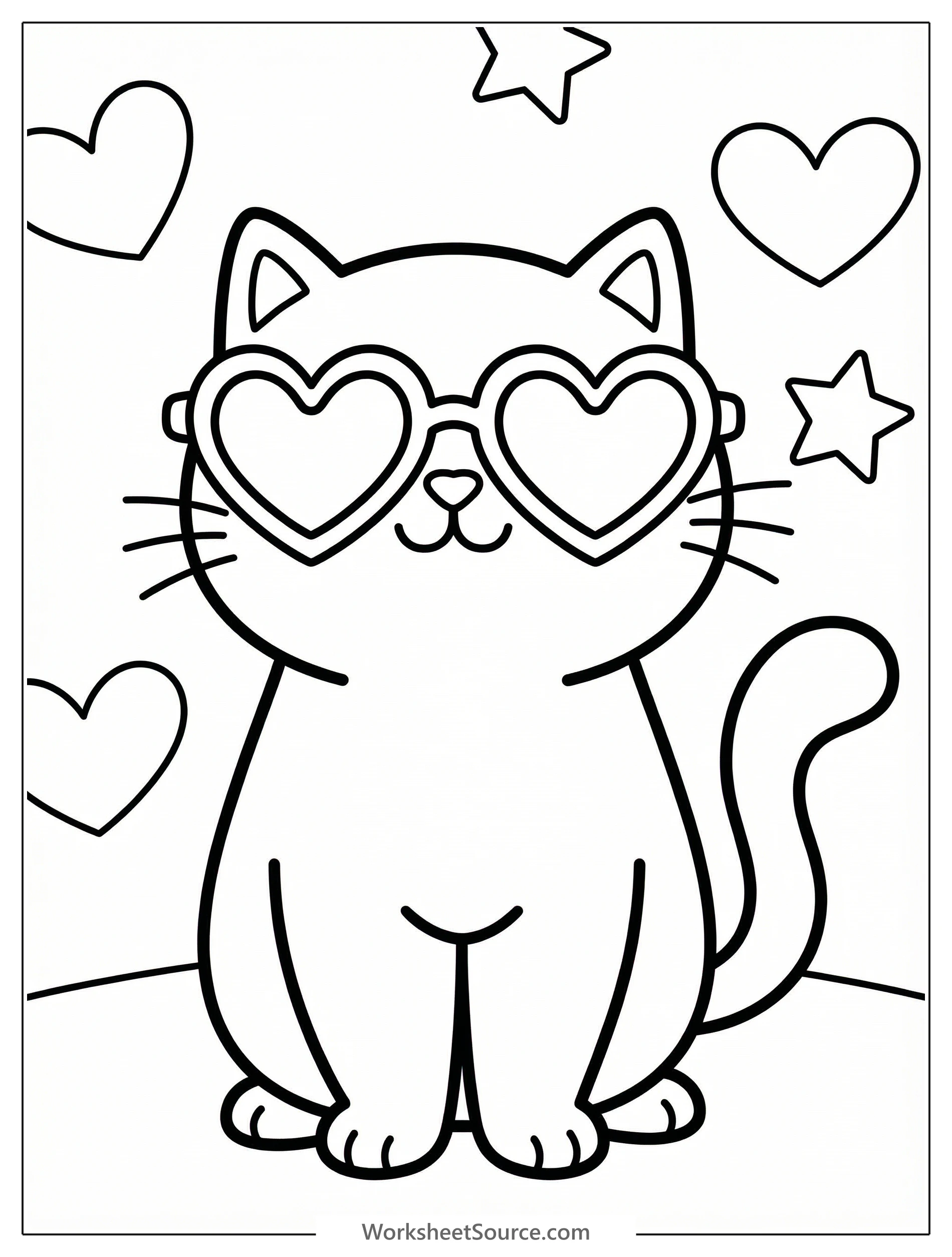 Funny cat wearing heart-shaped sunglasses coloring page for kids - black and white line art ready to print and color