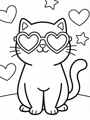 Funny cat wearing heart-shaped sunglasses coloring page for kids - black and white line art ready to print and color