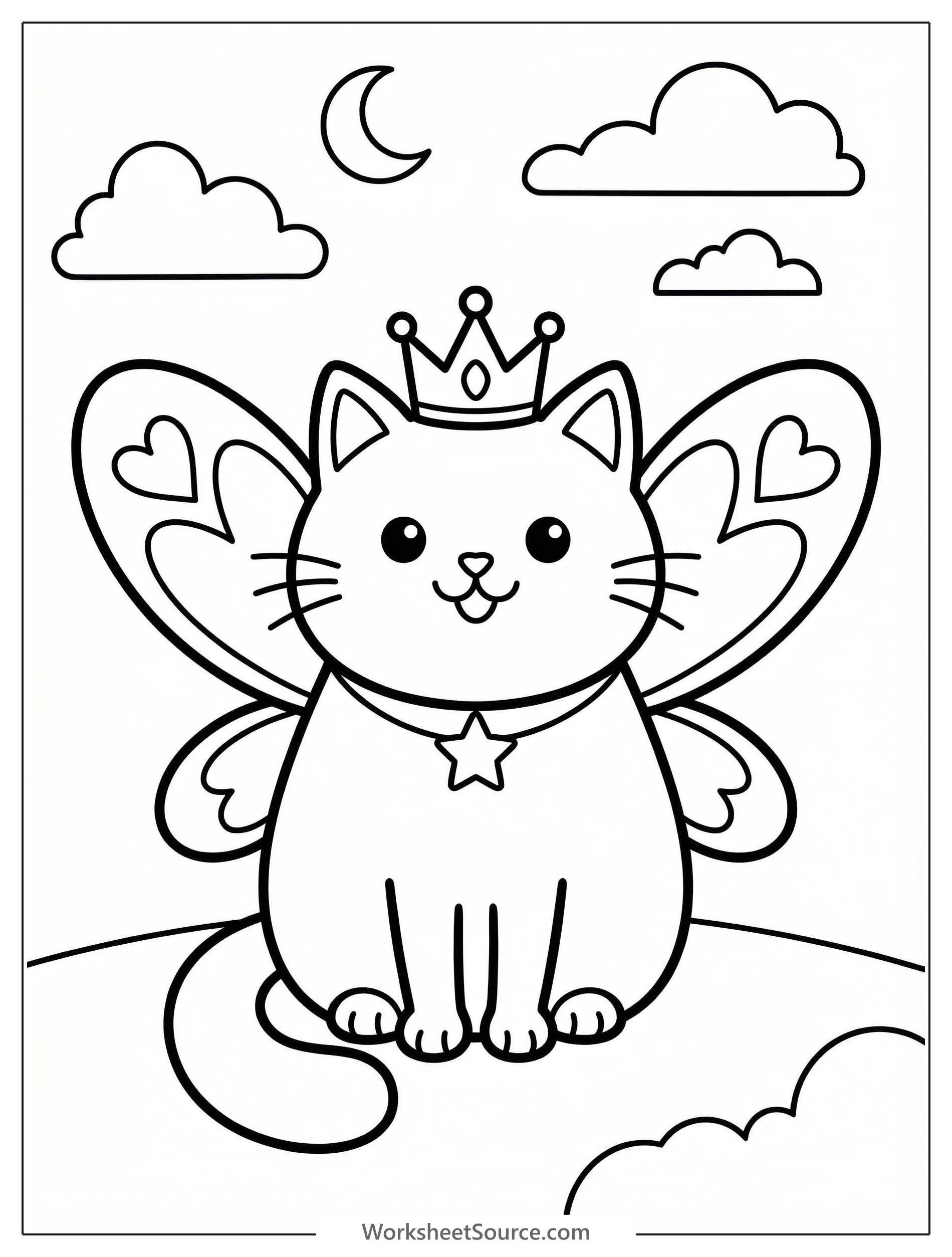 A friendly magical cat with large, graceful heart shaped fairy wings and a sweet expression, sitting peacefully. Ideal for children's coloring activities.