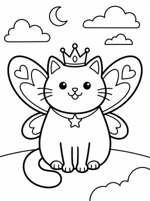 A friendly magical cat with large, graceful heart shaped fairy wings and a sweet expression, sitting peacefully. Ideal for children's coloring activities.