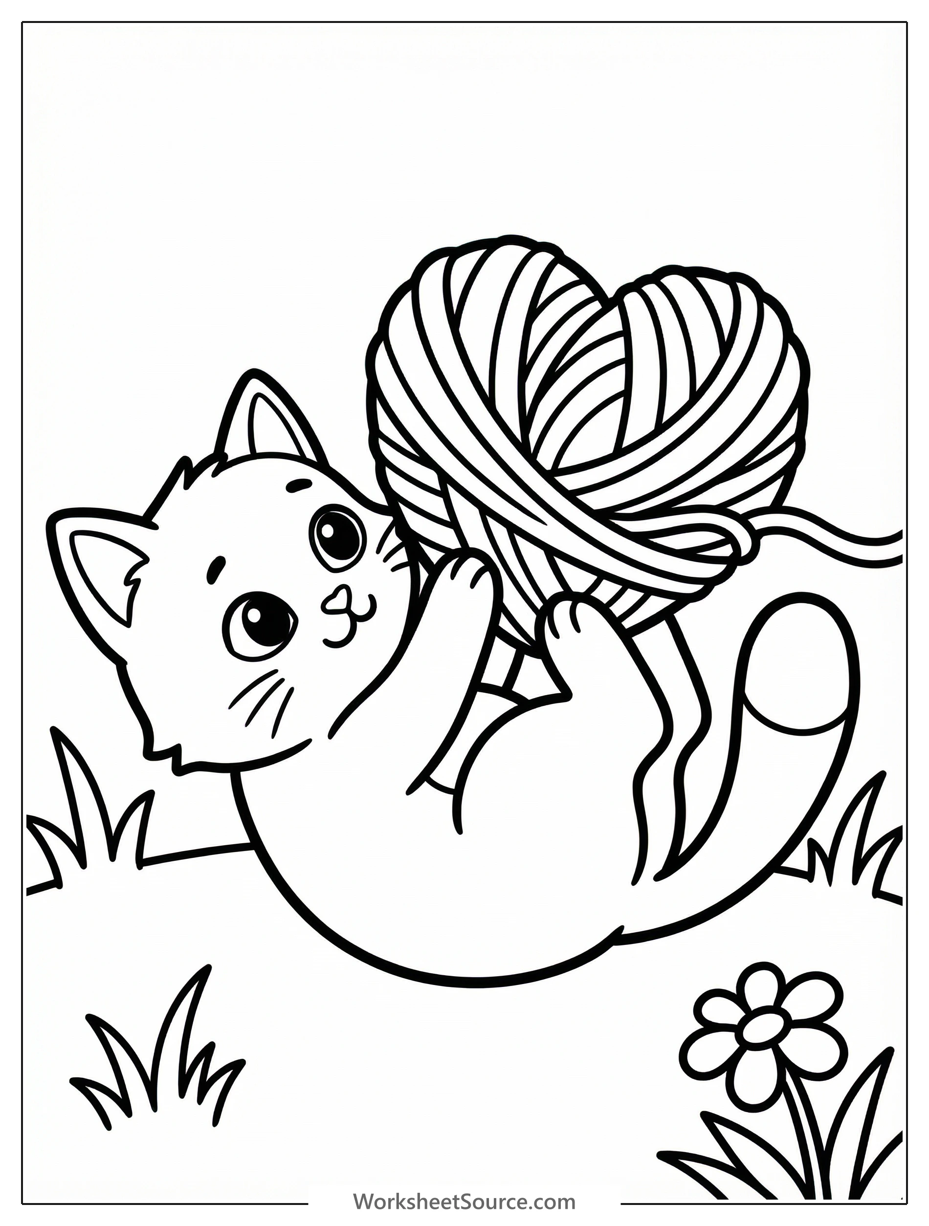 An adorable fluffy kitten playfully bats at a large heart shaped ball of yarn, perfect for Valentine's Day coloring activities.