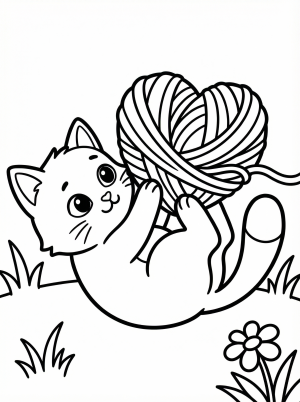 An adorable fluffy kitten playfully bats at a large heart shaped ball of yarn, perfect for Valentine's Day coloring activities.