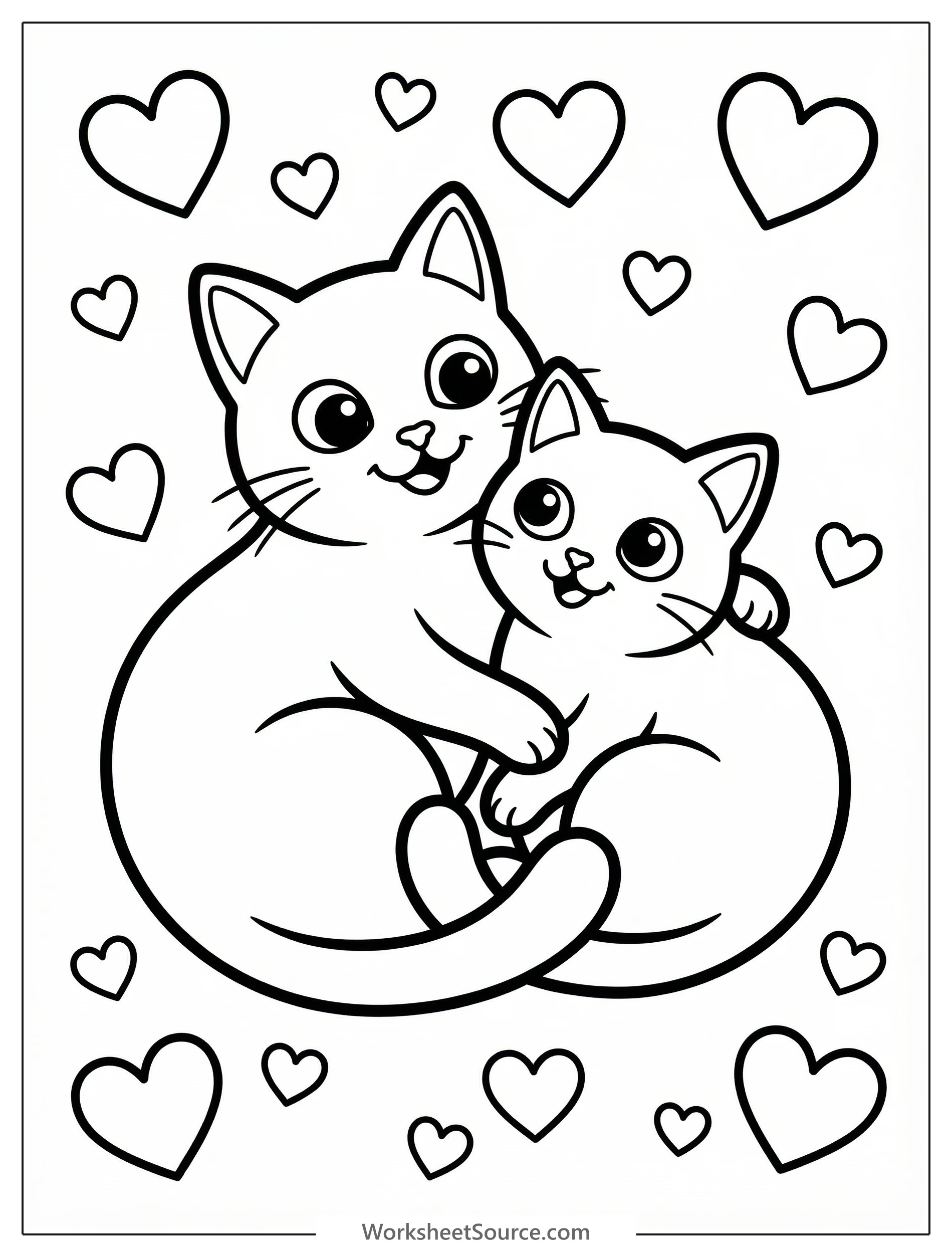 Black and white outline drawing of two fluffy cartoon cats cuddling together, surrounded by various sizes of hearts. Ready for coloring.
