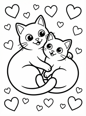 Black and white outline drawing of two fluffy cartoon cats cuddling together, surrounded by various sizes of hearts. Ready for coloring.