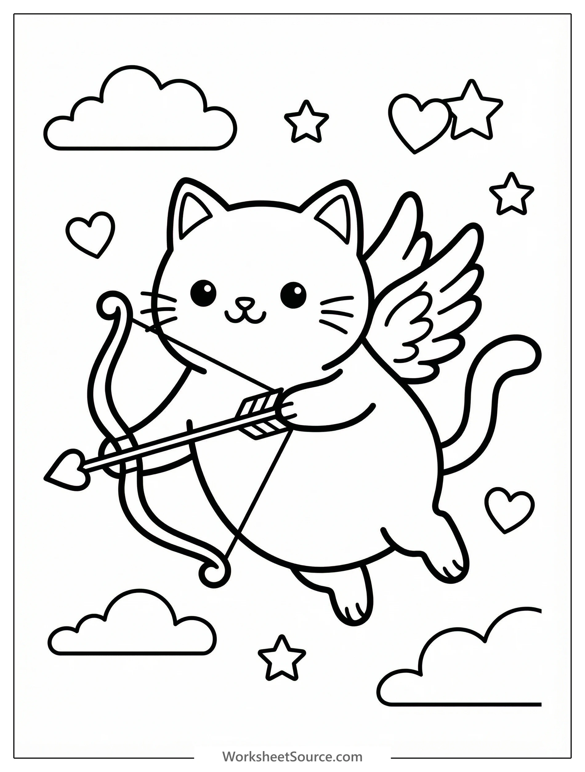 A cheerful cartoon cat with large wings on its back, a small bow and arrow in its paws, and a heart shaped quiver, ready for Valentine's Day fun.