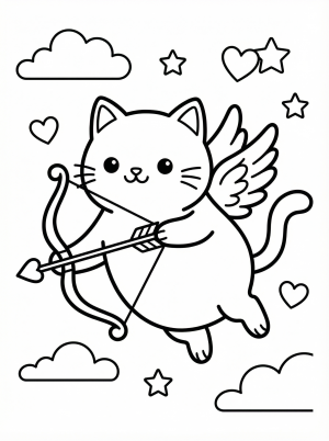 A cheerful cartoon cat with large wings on its back, a small bow and arrow in its paws, and a heart shaped quiver, ready for Valentine's Day fun.