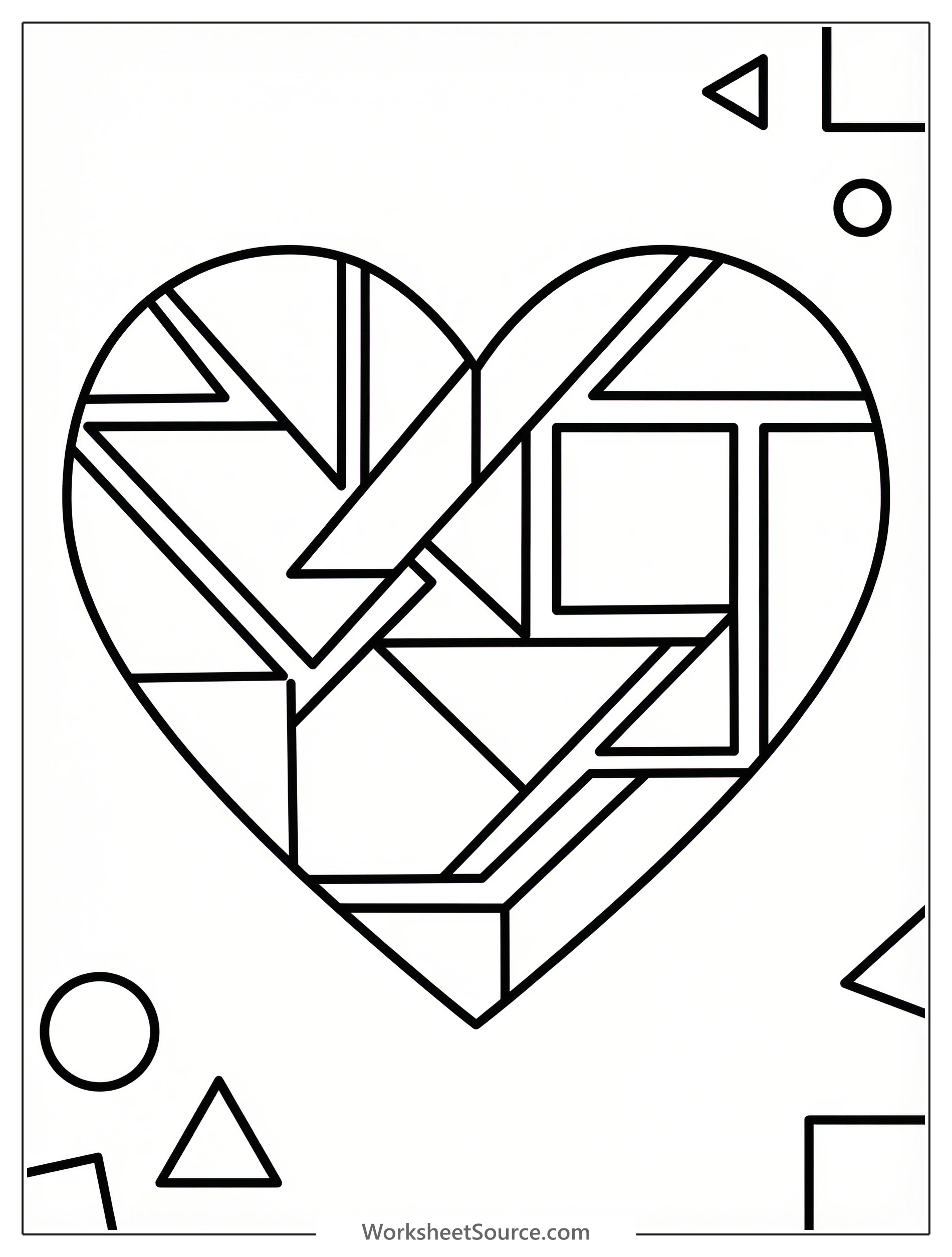 Modern heart design made of geometric shapes and lines coloring page for kids - black and white line art ready to print and color