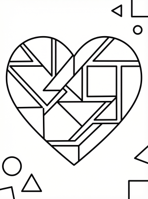 Modern heart design made of geometric shapes and lines coloring page for kids - black and white line art ready to print and color