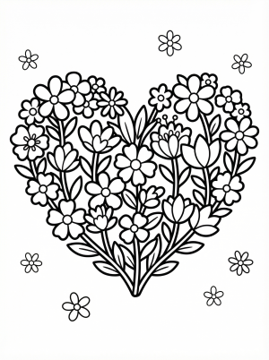 Intricate coloring page featuring a large heart shape formed entirely by an arrangement of various small flowers and delicate blossoms, ready for vibrant color.