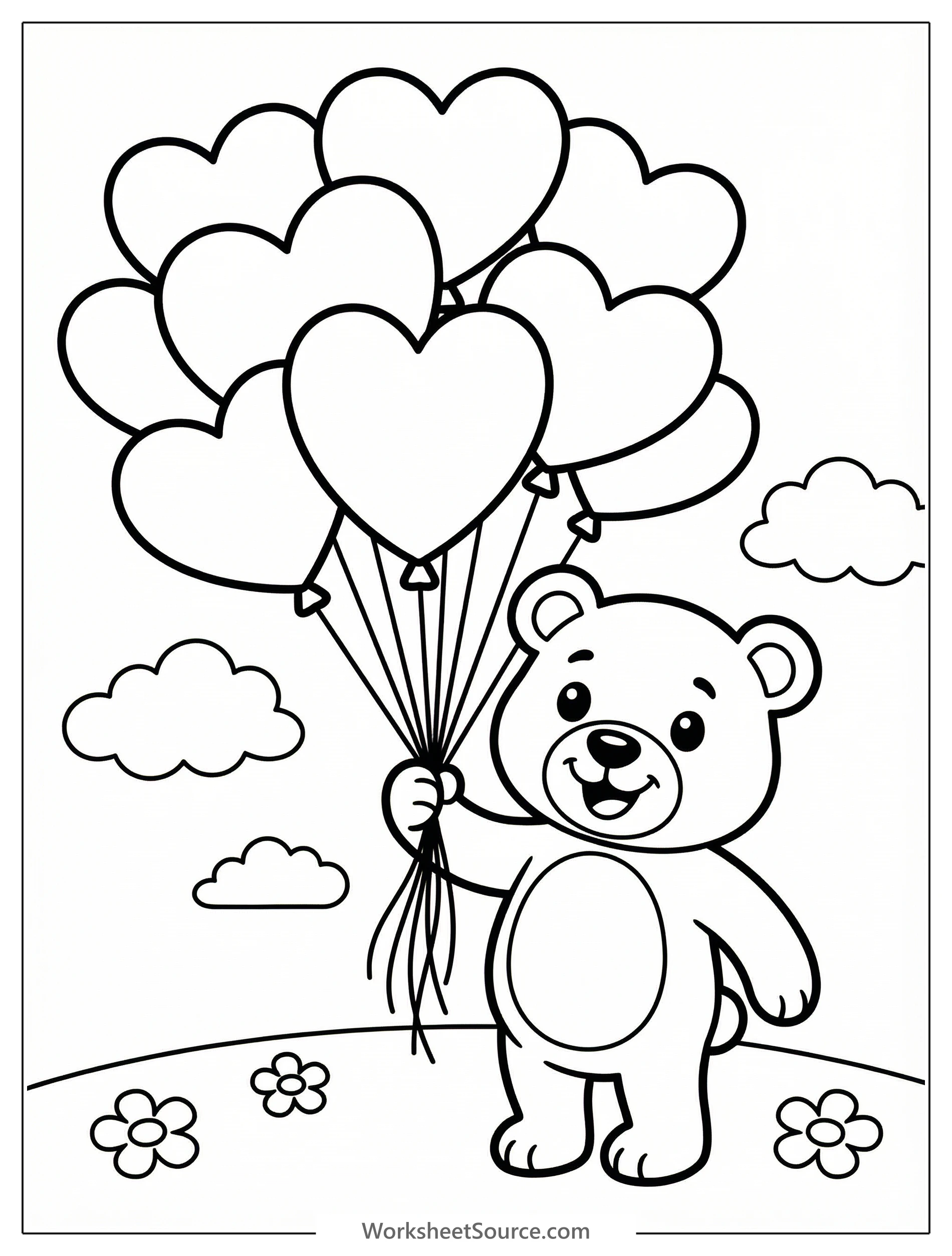 A cheerful bunch of heart shaped balloons in various sizes floating upward on slender strings, perfect for a Valentine's Day coloring activity.