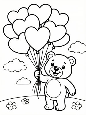 A cheerful bunch of heart shaped balloons in various sizes floating upward on slender strings, perfect for a Valentine's Day coloring activity.