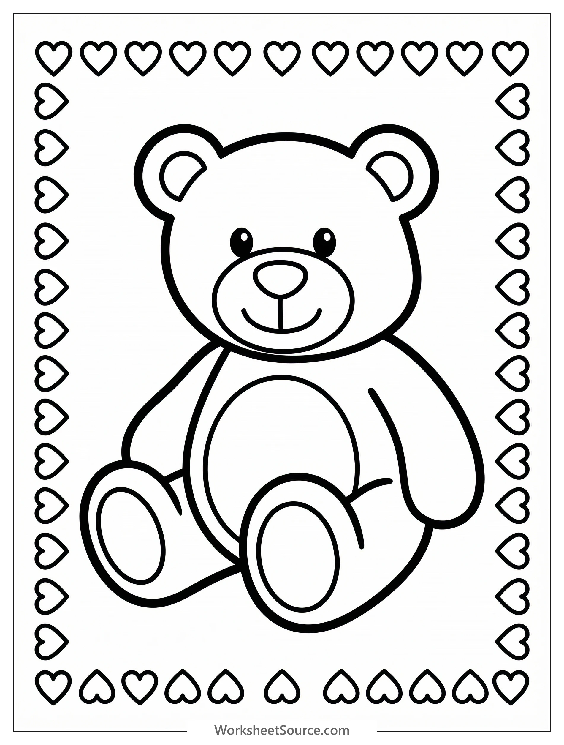 Charming page border outline featuring a continuous pattern of many small, interlocking hearts, perfect for Valentine's Day crafting and coloring activities.