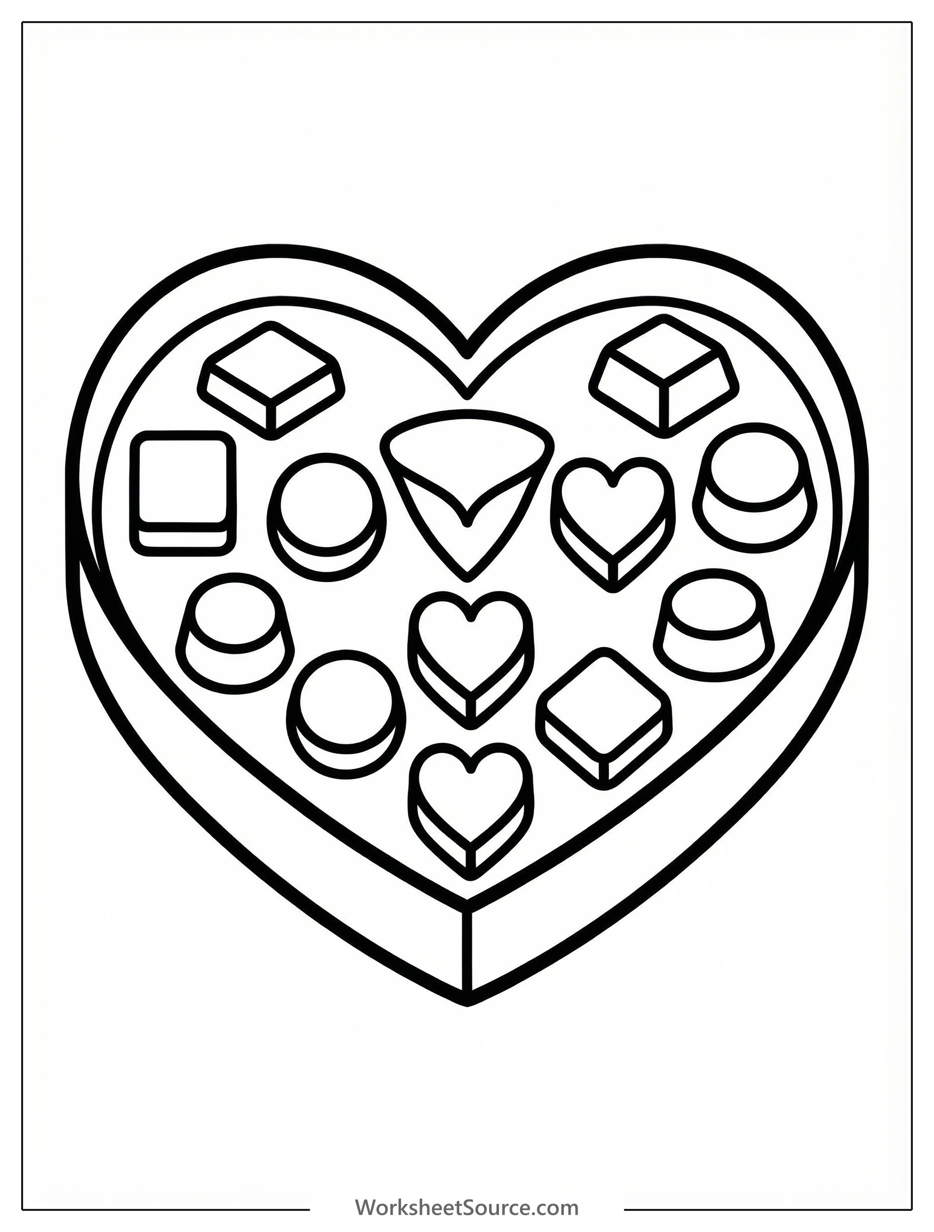 A heart shaped box overflowing with an assortment of uncolored chocolates including truffles, caramels, and bonbons, all ready for creative coloring.