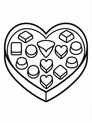 A heart shaped box overflowing with an assortment of uncolored chocolates including truffles, caramels, and bonbons, all ready for creative coloring.
