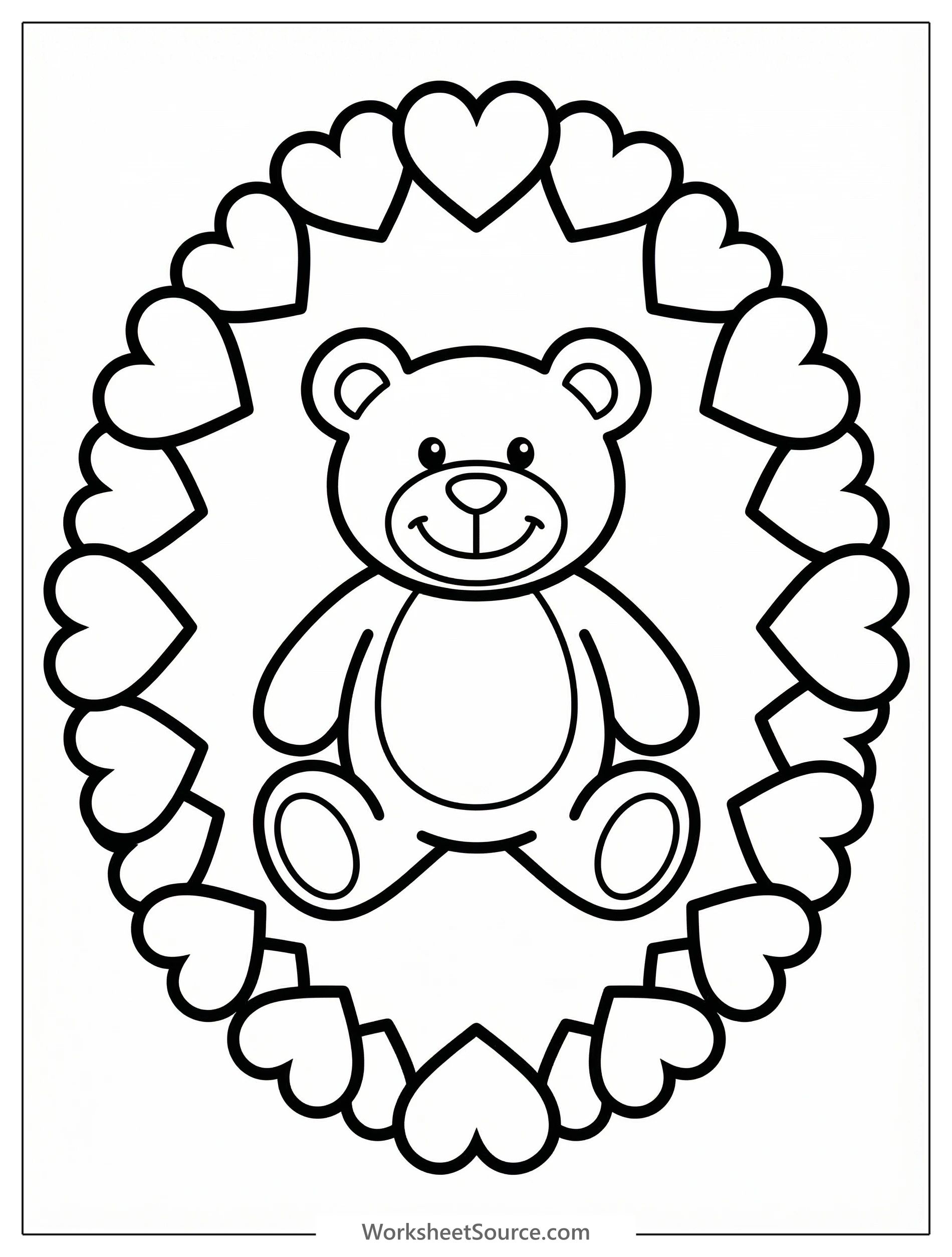 A decorative, ornate frame composed entirely of various sized hearts. Hearts interlock to form a beautiful border around a blank circular space. Perfect for coloring.