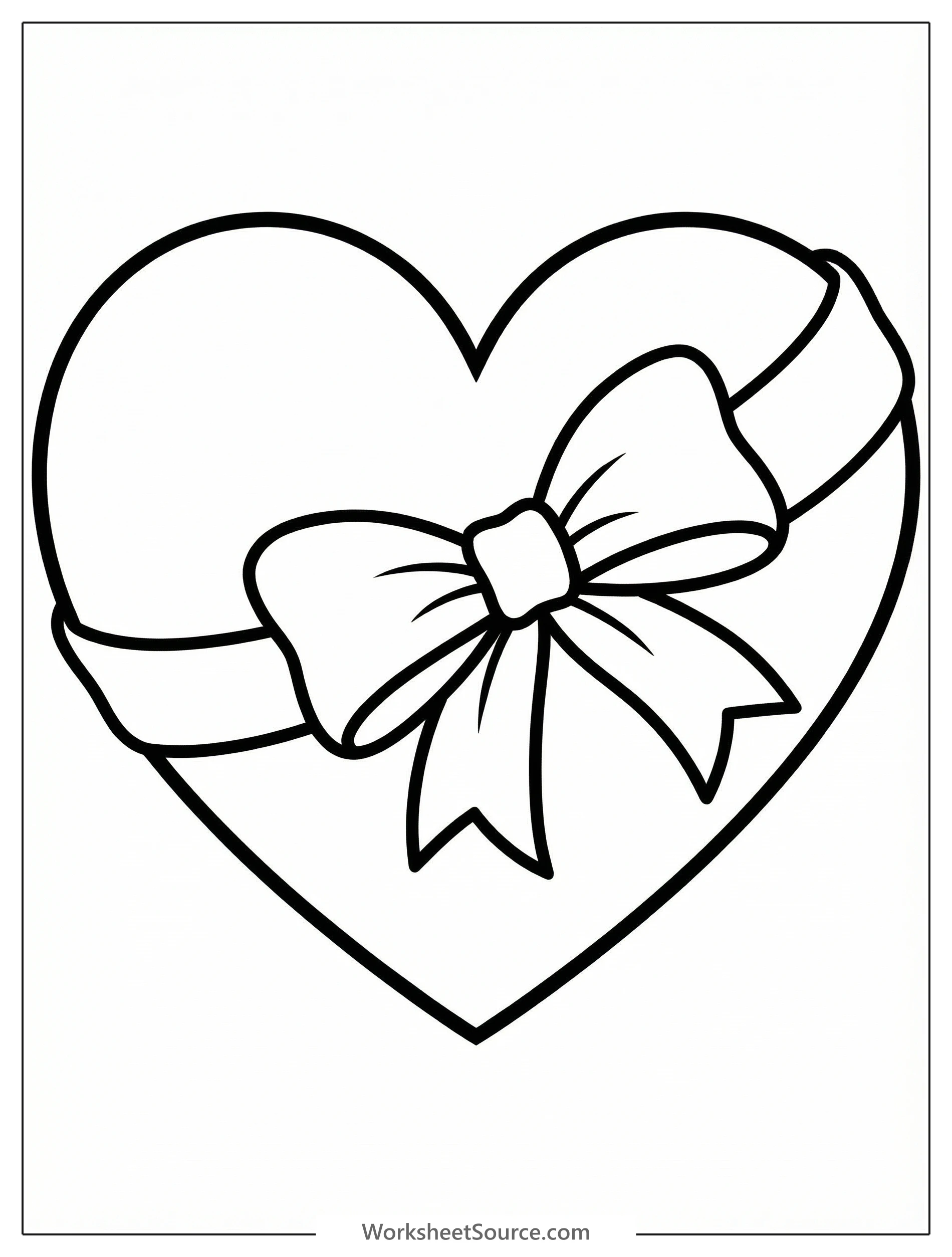 A large, charming heart coloring page intricately wrapped with a flowing ribbon and tied into a graceful, prominent bow at the top, perfect for creative expression.