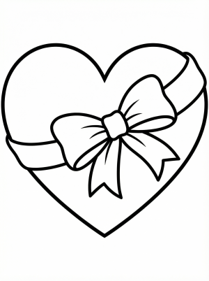 A large, charming heart coloring page intricately wrapped with a flowing ribbon and tied into a graceful, prominent bow at the top, perfect for creative expression.