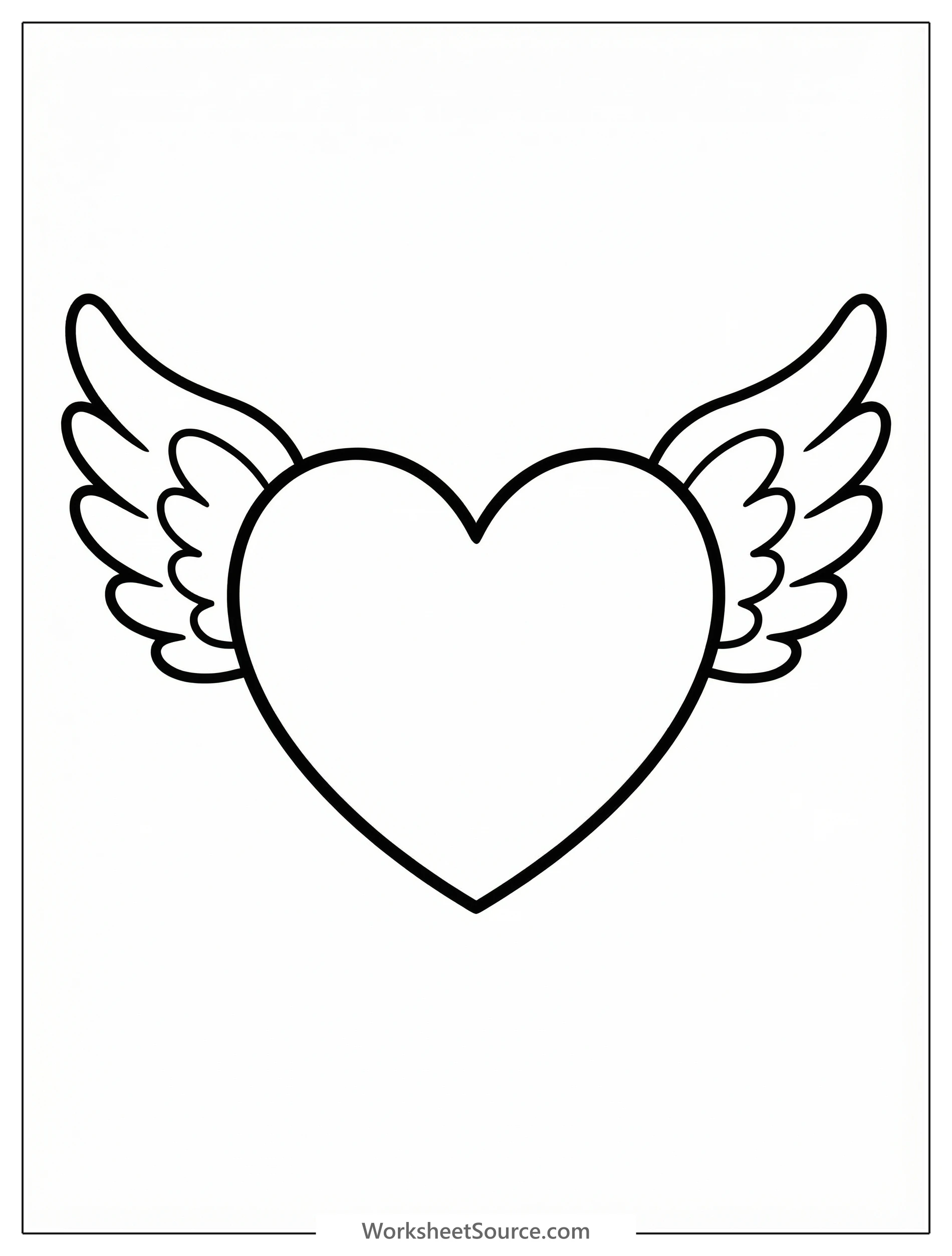 A large outline of a stylized heart, centrally positioned, featuring graceful feathered cupid wings extending outwards from both sides. Perfect for Valentine's Day.