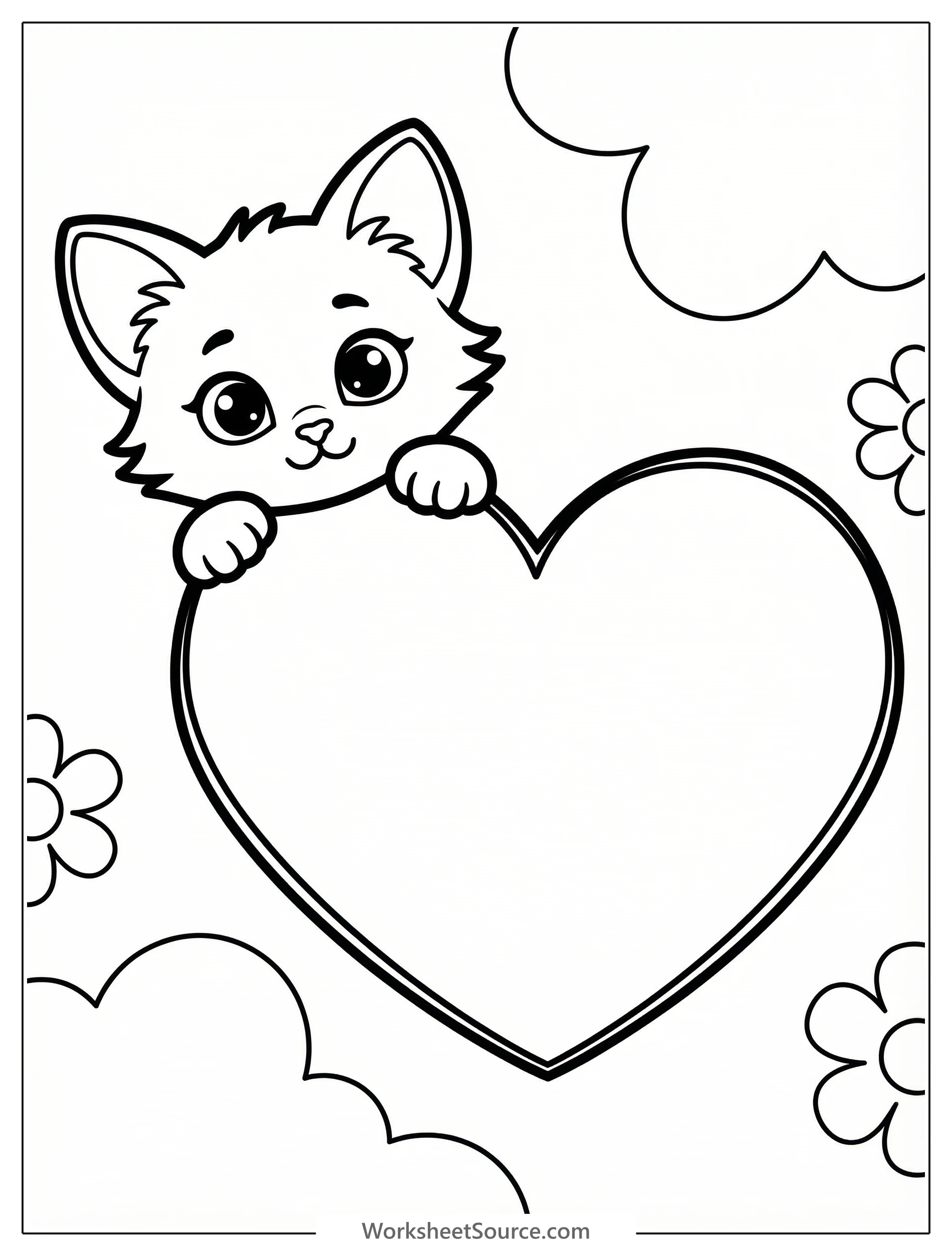 An adorable cartoon kitten with large eyes and whiskers peeks playfully from behind a large heart. The heart has small decorative elements, suggesting a Valentine's Day theme.
