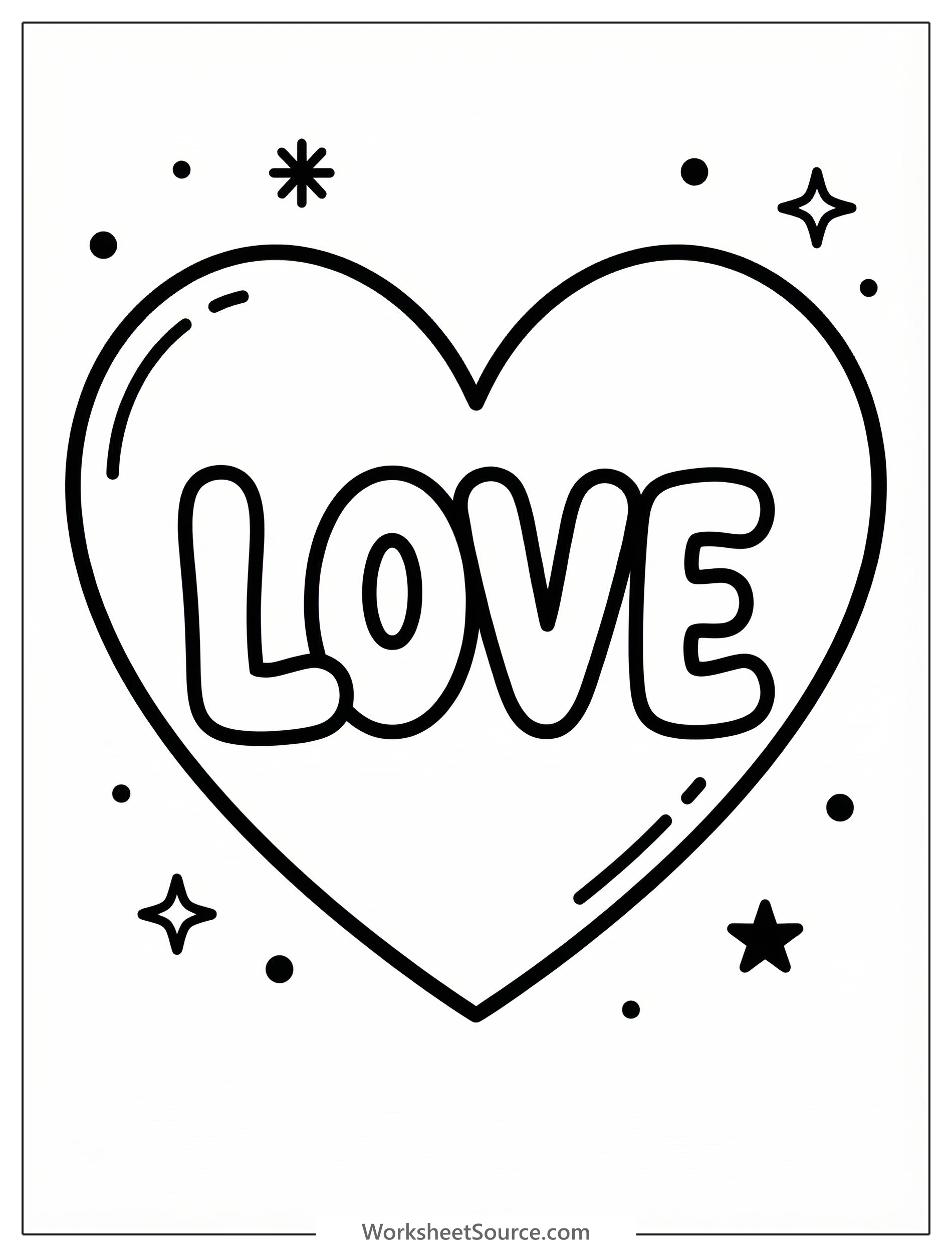 A clear illustration of a large, simple heart outline containing the word 'LOVE' in playful, rounded bubble letters, ready for coloring.