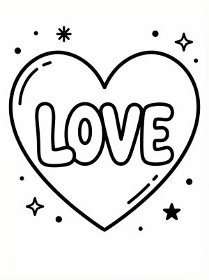 A clear illustration of a large, simple heart outline containing the word 'LOVE' in playful, rounded bubble letters, ready for coloring.