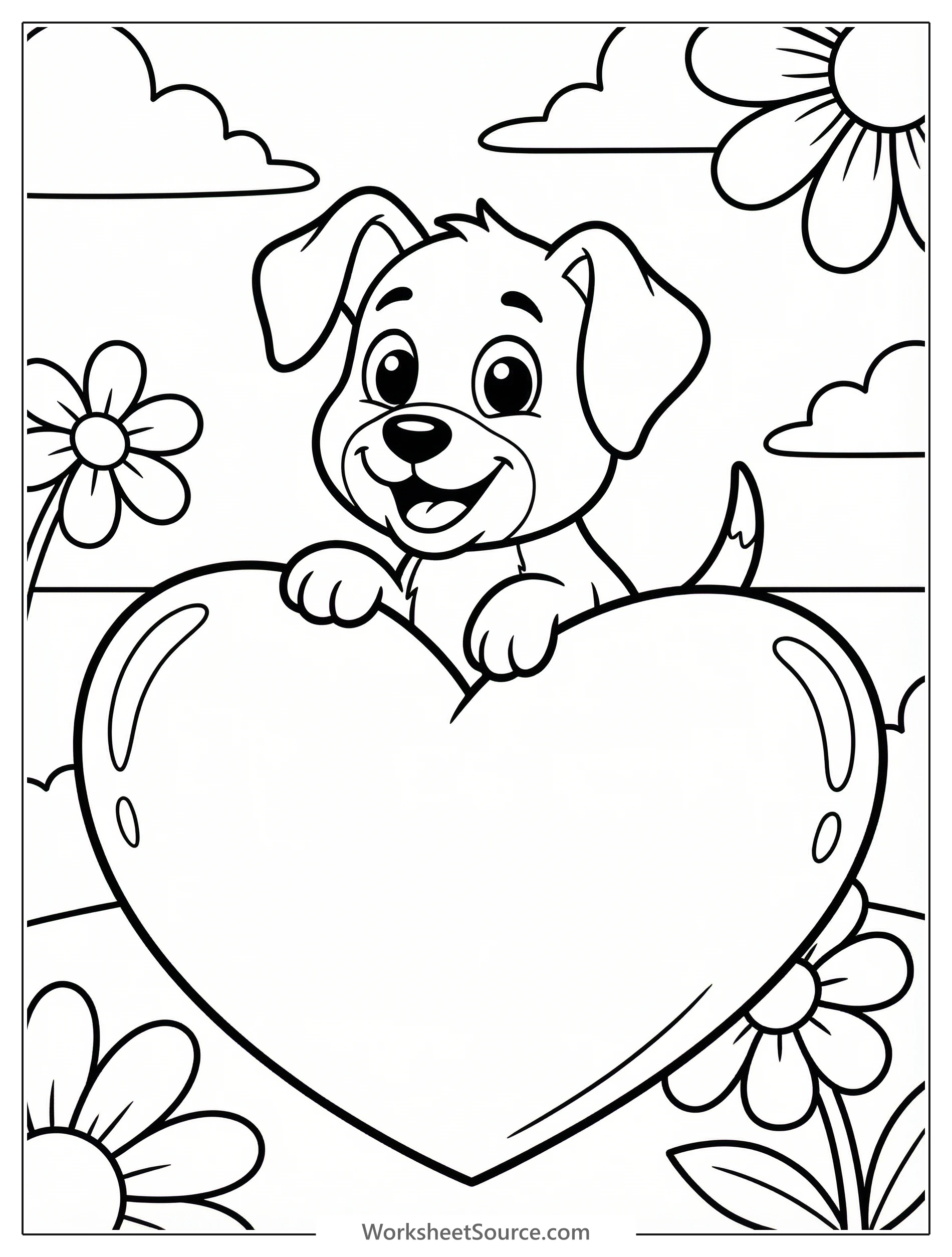 A joyful cartoon puppy with a wagging tail sits happily inside a large, prominent heart outline. The puppy has floppy ears and a sweet expression, ready for coloring.