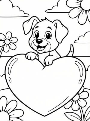 A joyful cartoon puppy with a wagging tail sits happily inside a large, prominent heart outline. The puppy has floppy ears and a sweet expression, ready for coloring.