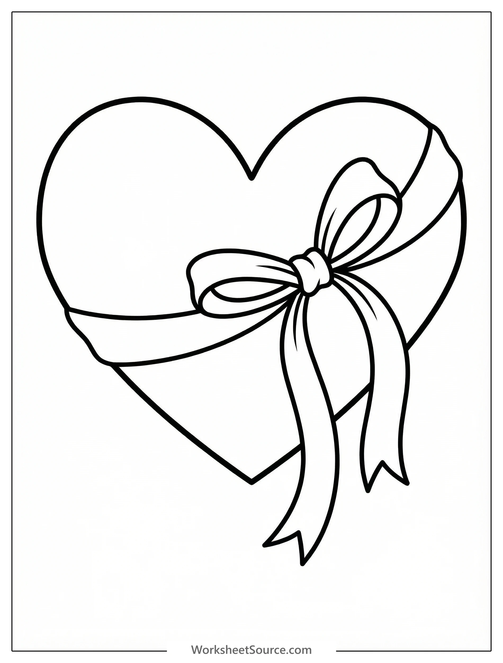 Outline drawing of a large heart with a long, flowing ribbon gracefully tied around its center, ready for coloring.