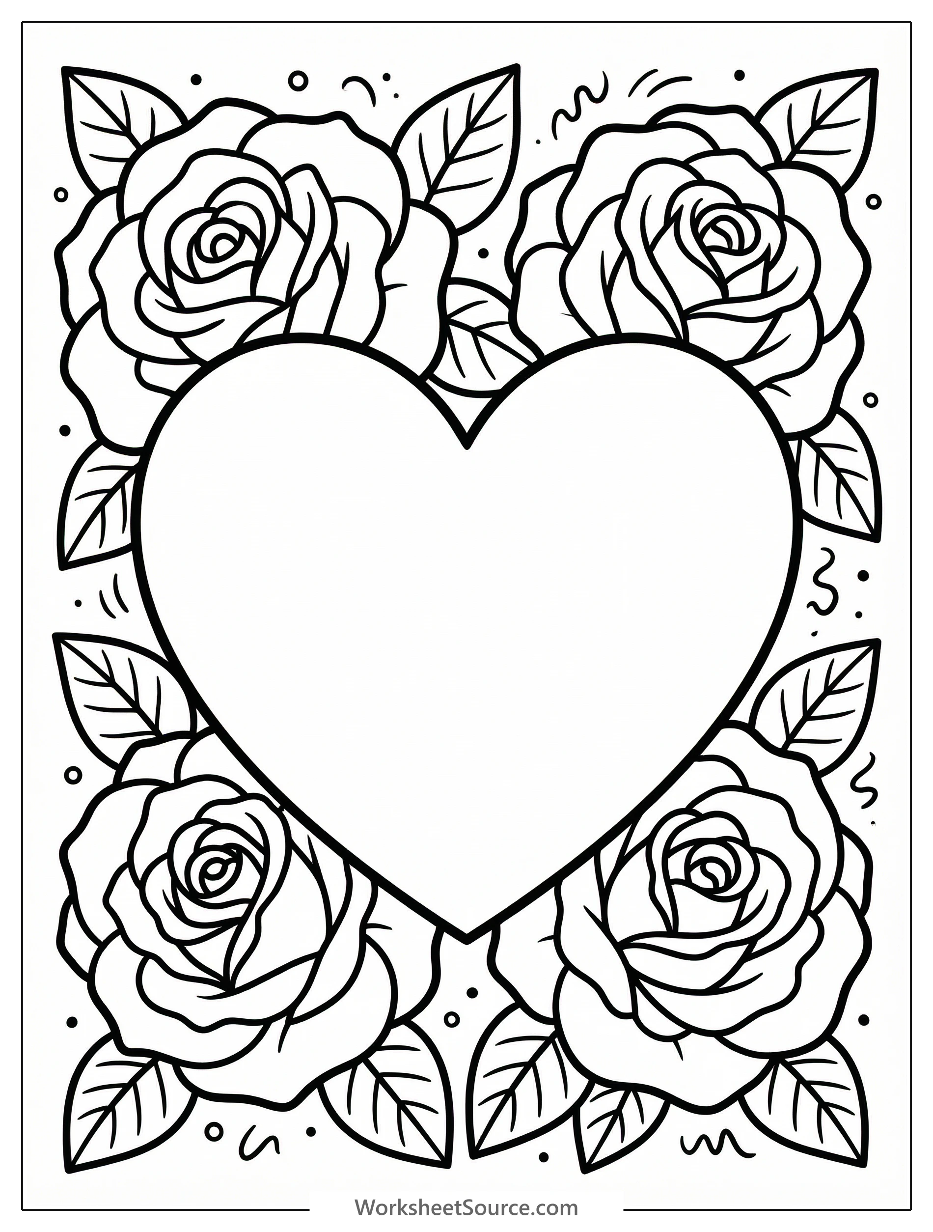 An intricate coloring page featuring a large central heart adorned with a border of blooming roses, leaves, and thorny stems, perfect for Valentine's Day.