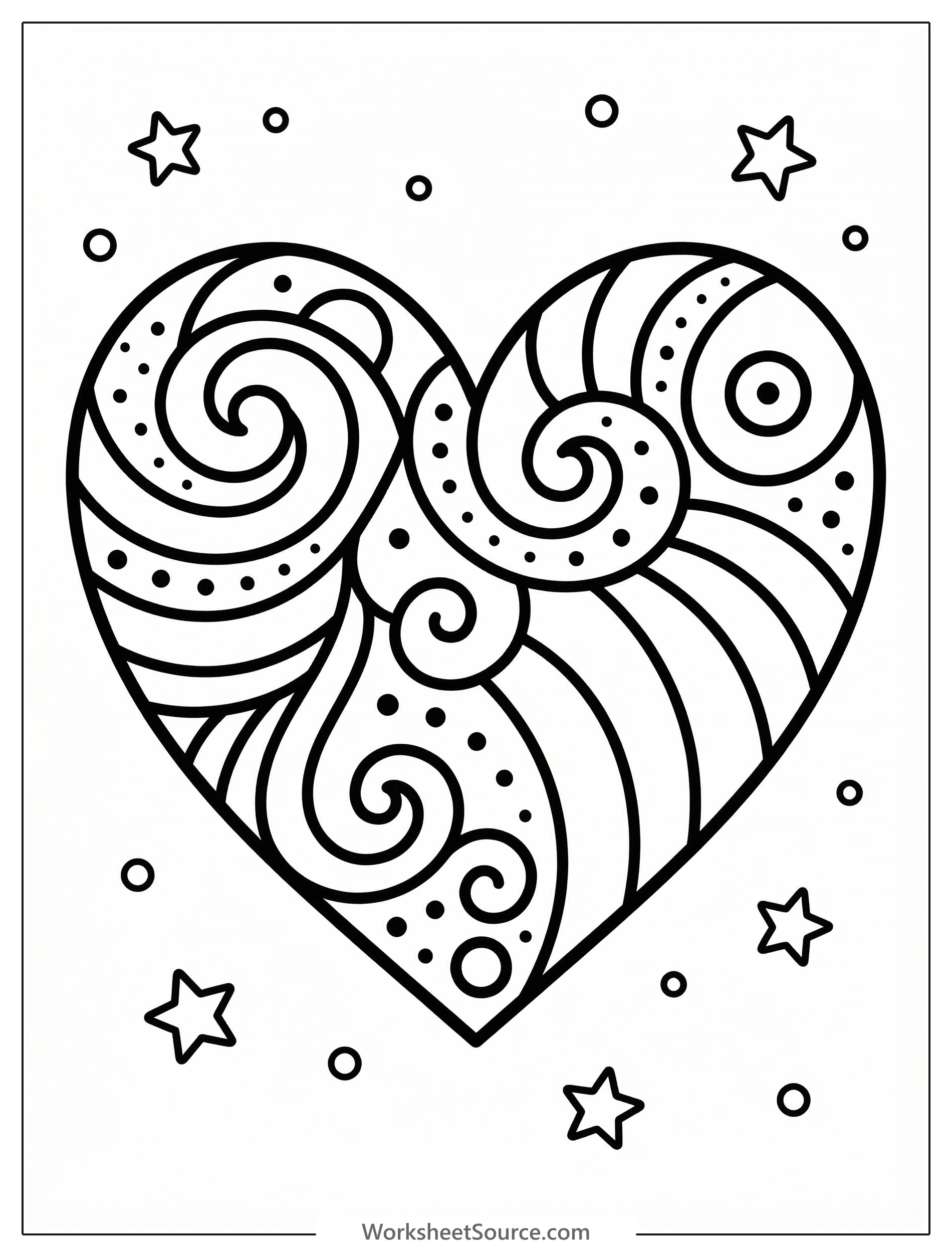 A beautiful decorative heart outline coloring page filled with elegant curly swirls and intricate floral patterns, perfect for creative expression.