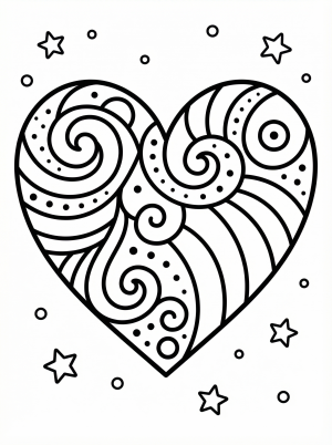 A beautiful decorative heart outline coloring page filled with elegant curly swirls and intricate floral patterns, perfect for creative expression.