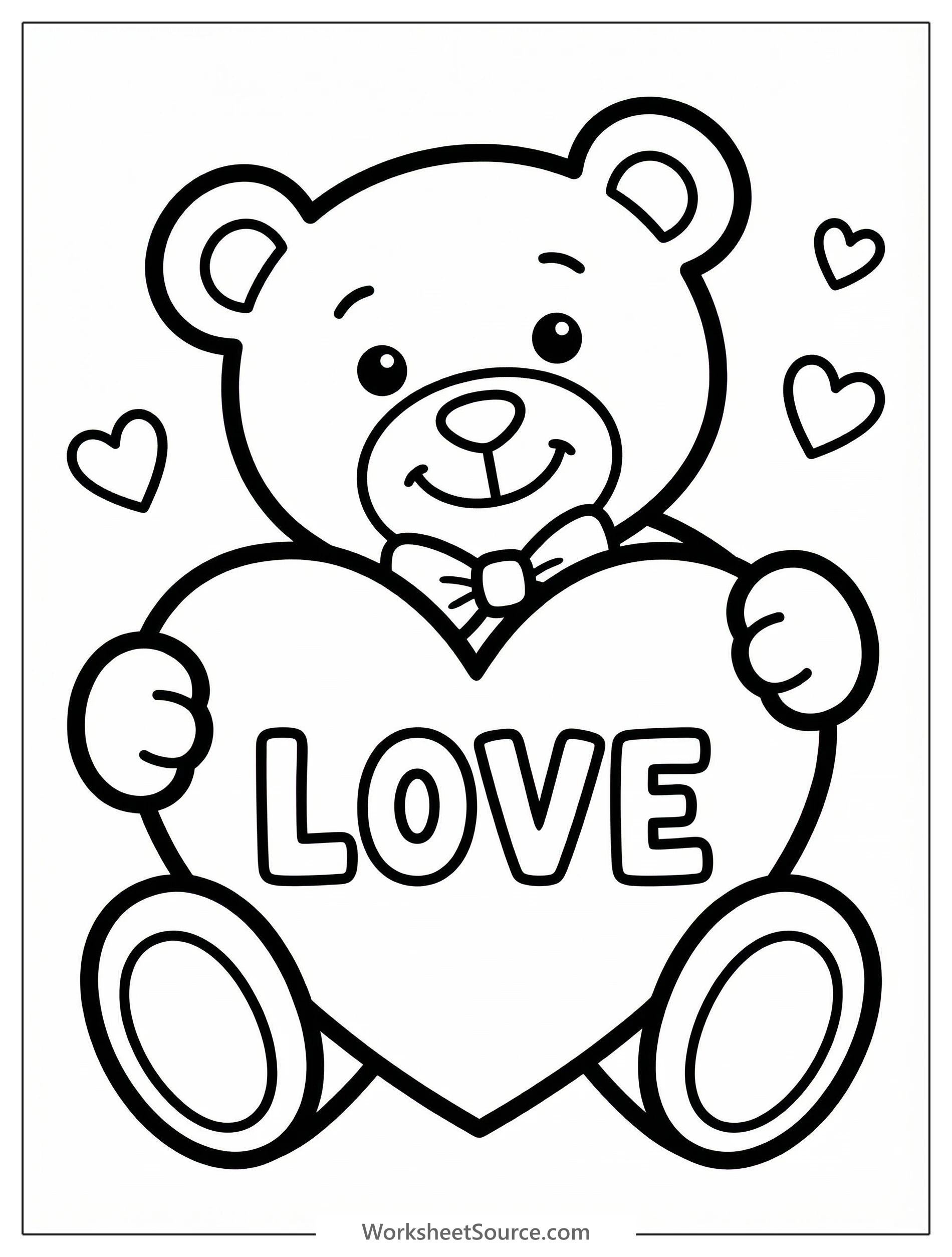 A charming cartoon teddy bear with a big smile lovingly embraces a large, blank valentine heart, ready for coloring. Perfect for holiday creativity.