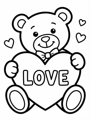 A charming cartoon teddy bear with a big smile lovingly embraces a large, blank valentine heart, ready for coloring. Perfect for holiday creativity.