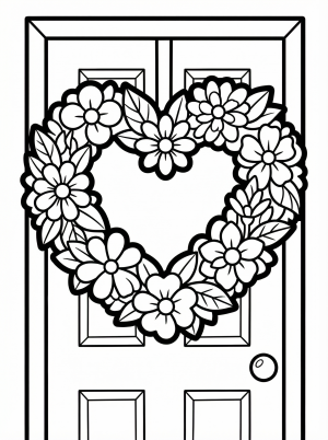 A charming heart shaped door wreath coloring page featuring various flowers and leaves intertwined around the heart, ready for creative coloring.