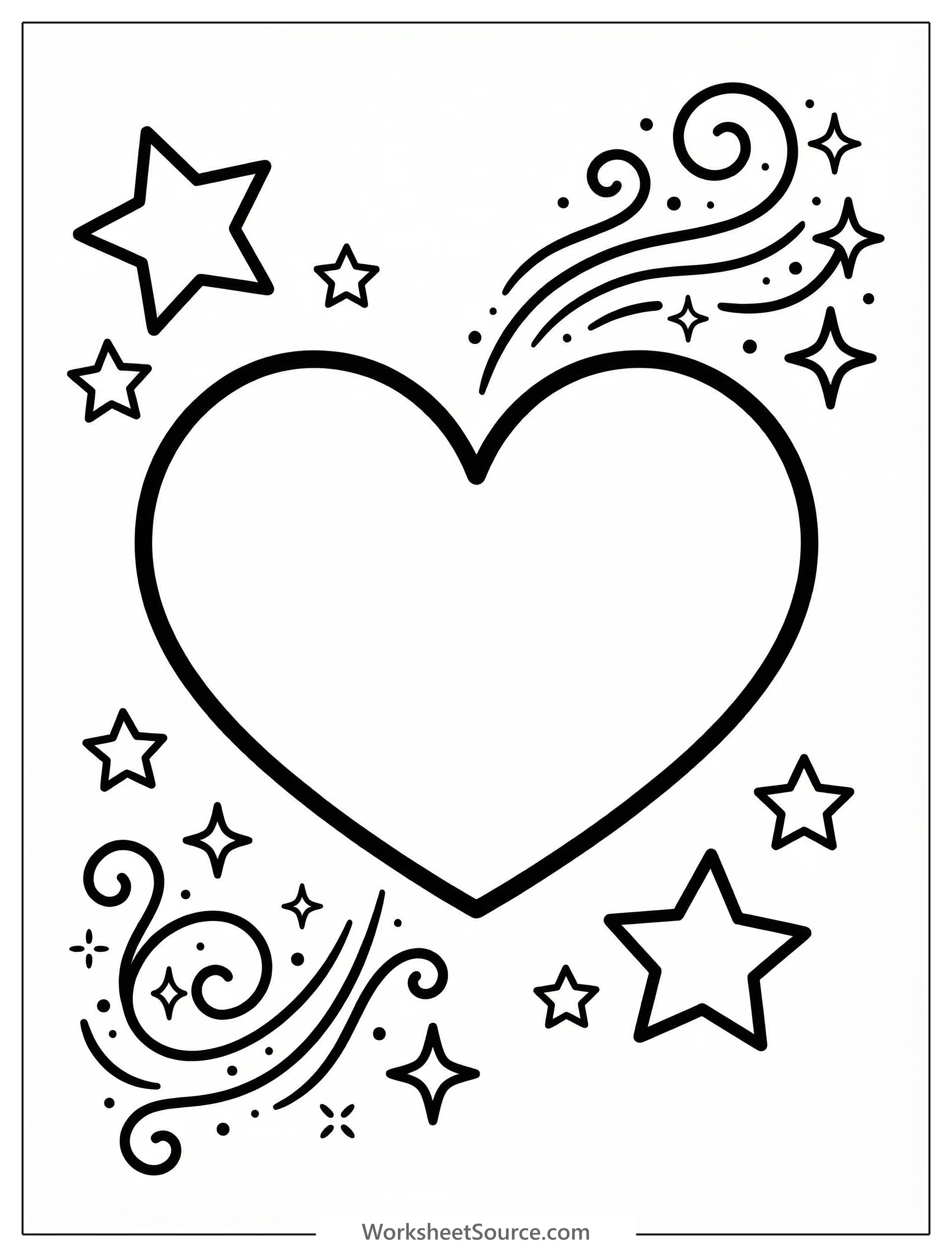 A large heart outlined with a bold border is surrounded by an array of various sized stars and dynamic sparkling magic lines, ready for coloring.